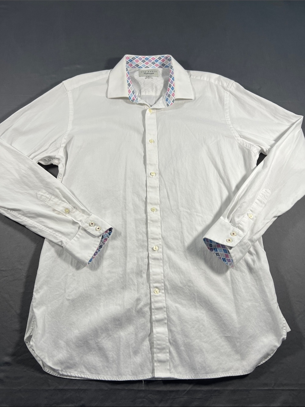 Ted Baker White Dress Shirt with Multicolor Geometric Trim